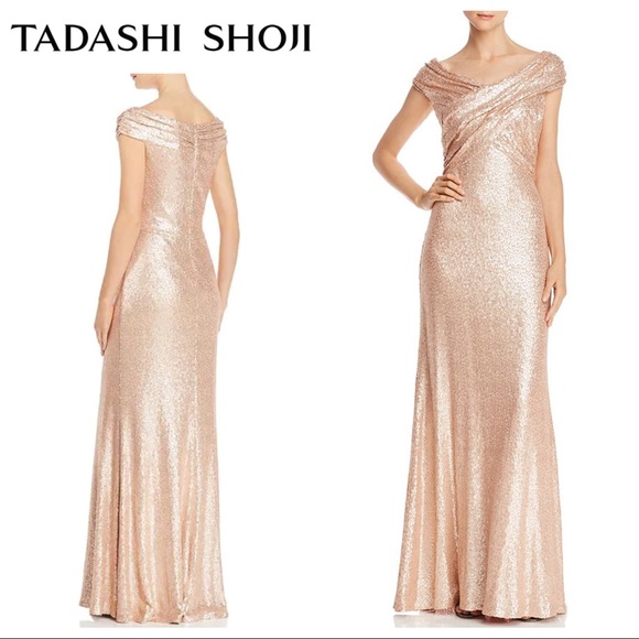 TADASHI SHOJI Whitson Off-The-Shoulder Sequin Gown in Champagne
